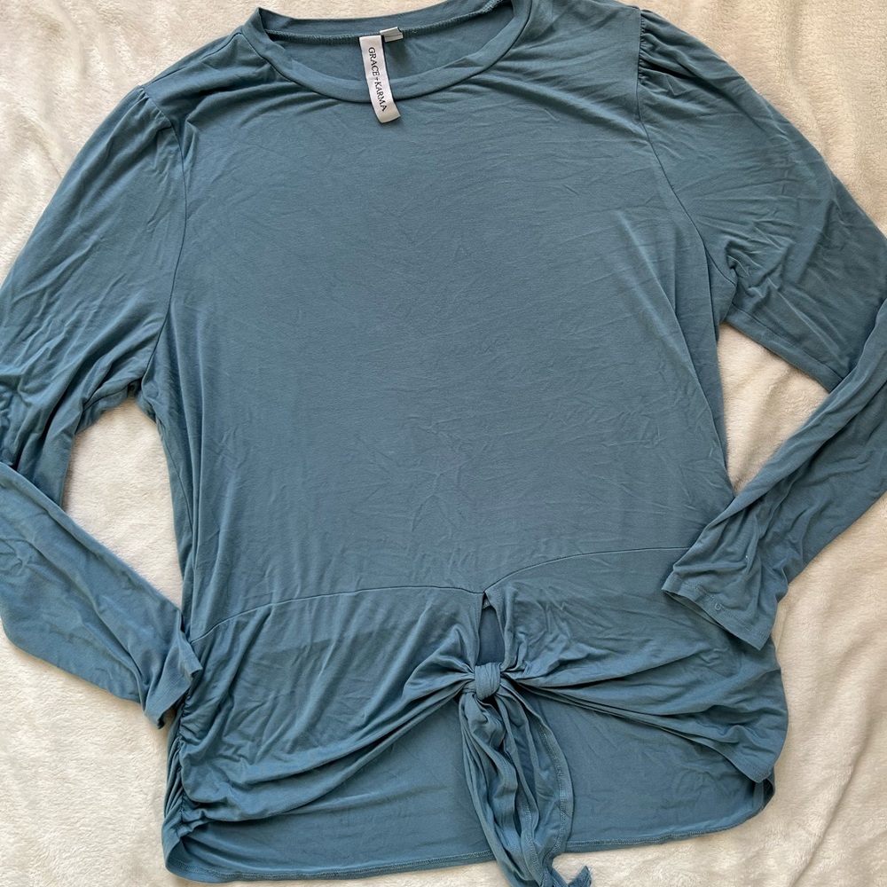 Grace & Karma blue gray tie front drop waist slinky top XL